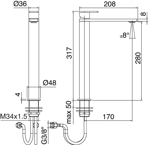 Zazzeri Q316 H280mm Tall Basin Mixer Body